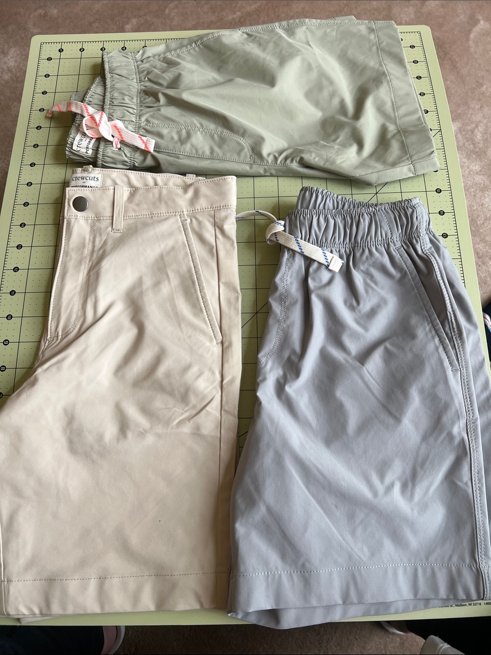 Crewcuts Performance Gray, Green and Tan Shorts